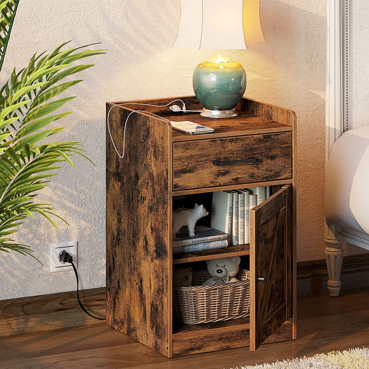 the nightstand with the bottom open to show off the interior storage