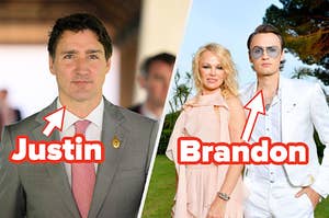 photo of justin trudeau and a photo of pamela anderson with her son