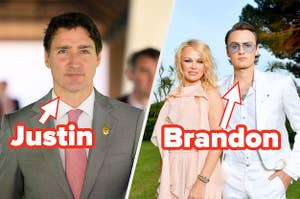 photo of justin trudeau and a photo of pamela anderson with her son