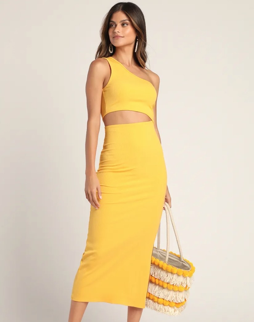 model wearing the midi dress in yellow