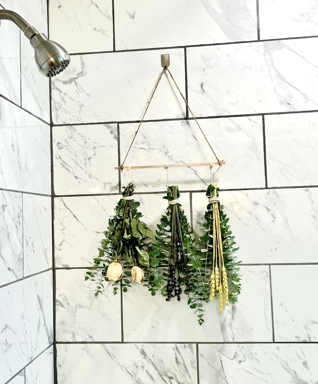 three bundles of eucalyptus and plants hanging in shower