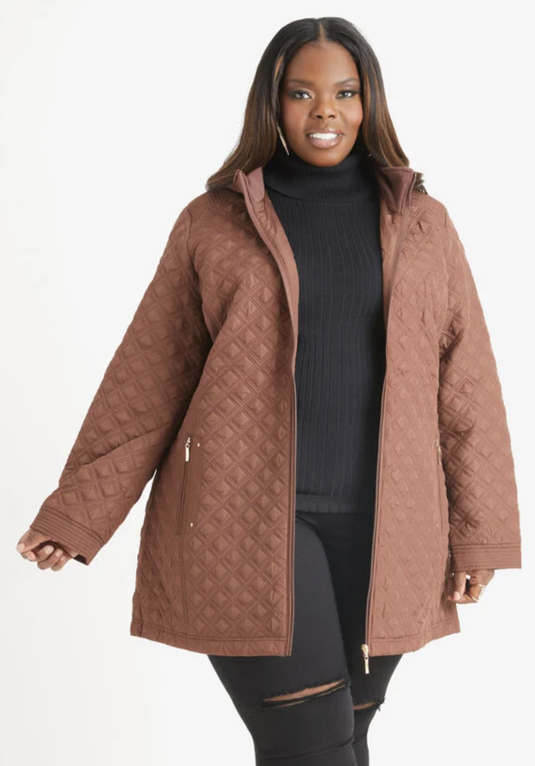 Model wearing the coat in brown