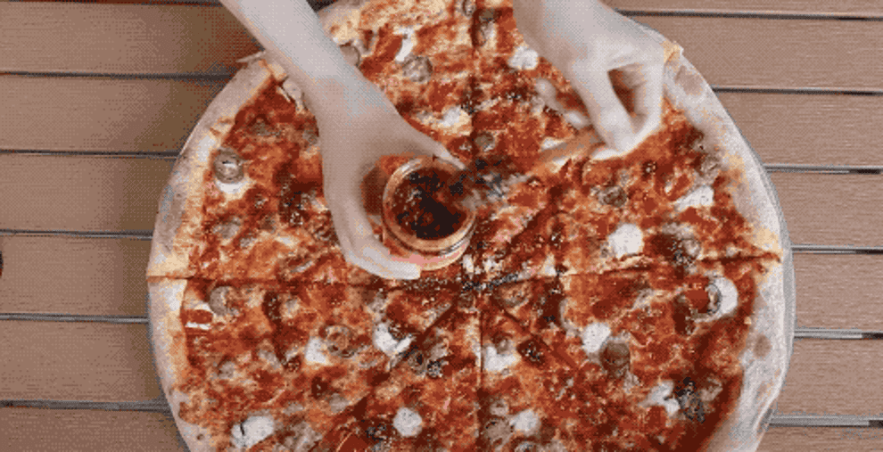 Gif of the sauce being drizzled over a variety of foods including, pizza, noodles, and eggs