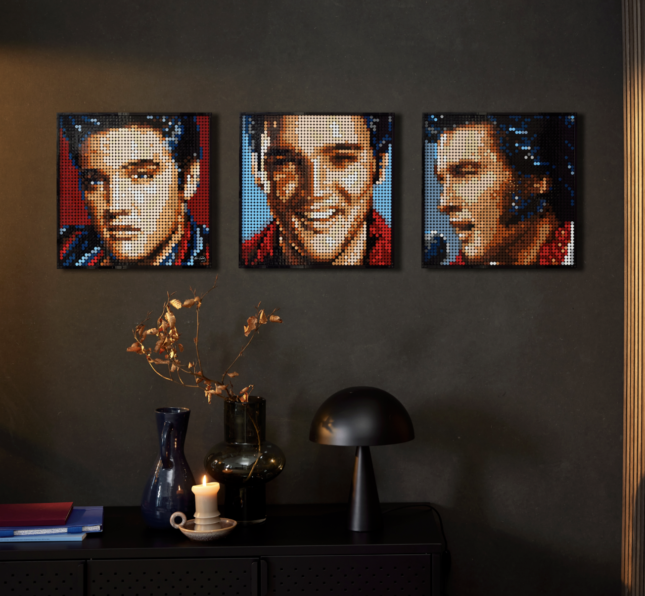 the three different photos on a wall in a home