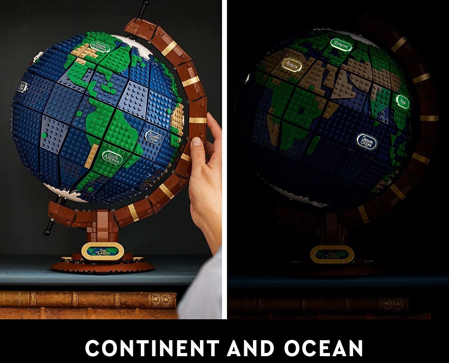 a split image showing the globe in the light and in the dark