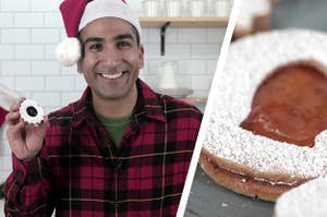 photo of a man in a christmas outfit holding a cookie and the other photo is a close up of the cookie