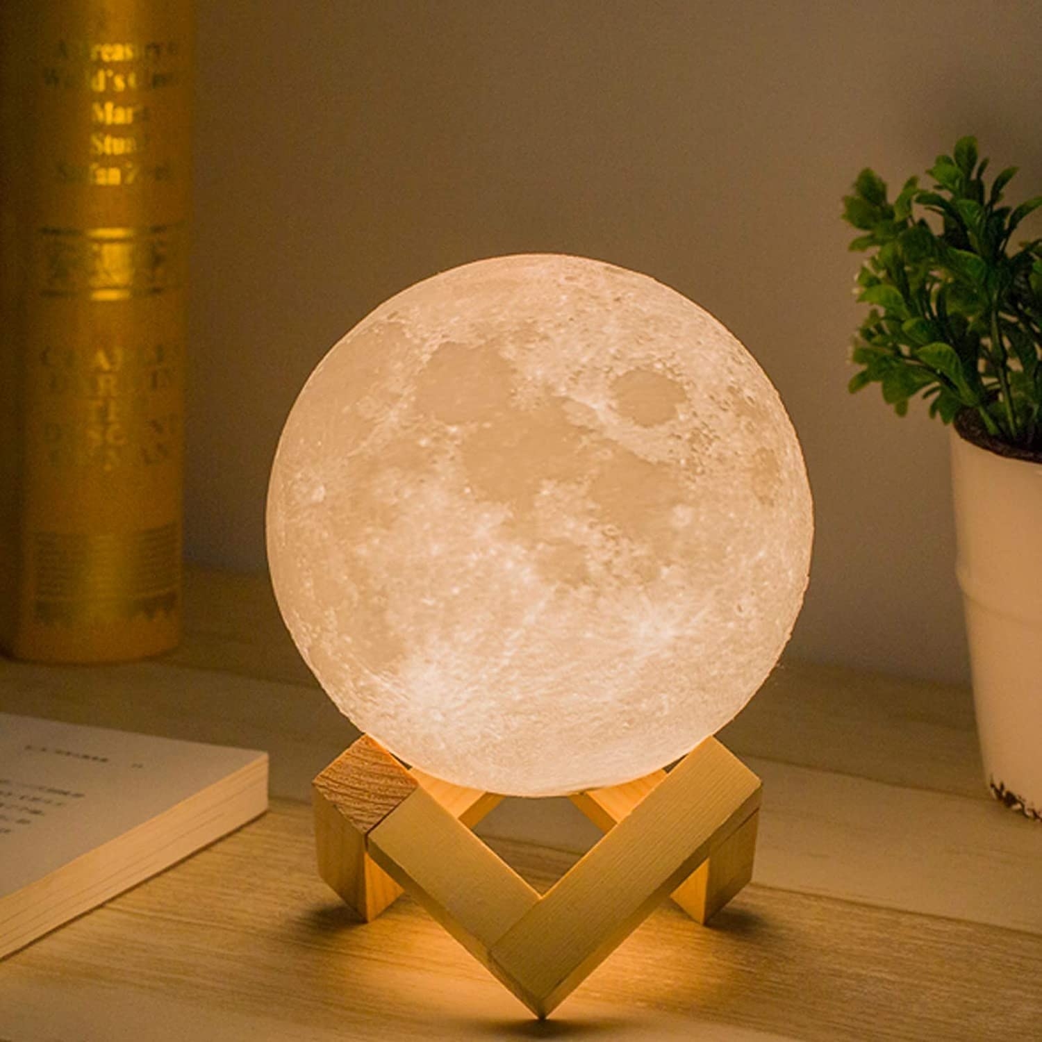 A moon-shaped lamp sits atop a wooden stand