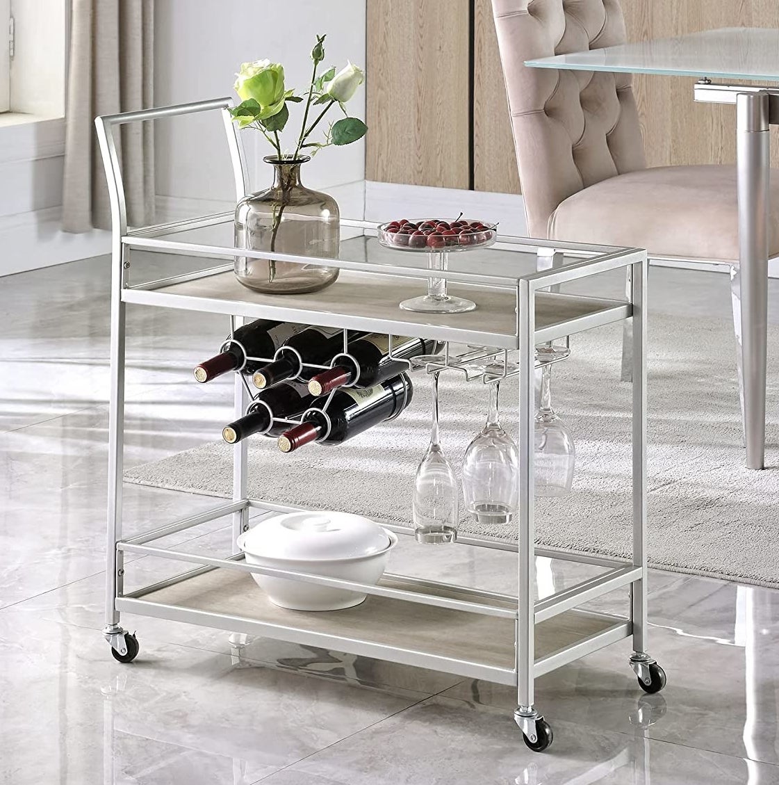 Image of silver metal bar cart