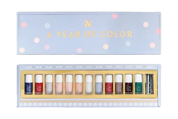 holiday set of nail polishes from olive and june with 13 polishes in it