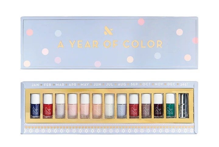 holiday set of nail polishes from olive and june with 13 polishes in it