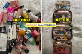 on left, pile of beauty products on bed. on right, same pile of beauty products neatly organized in compartments of beige travel cosmetics bag