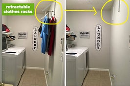 L: shirts hanging and drying from clothes racks R: the clothing racks retracted so they're flat against the wall