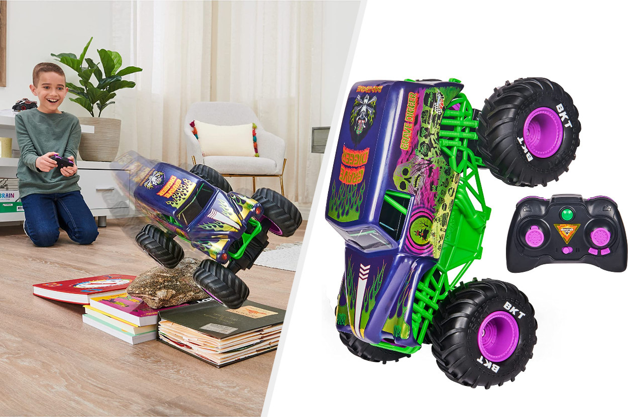 Split image of child model playing with remote control Monster Truck and side view of purple and green truck and controller