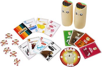 Contents of game including cards and burritos