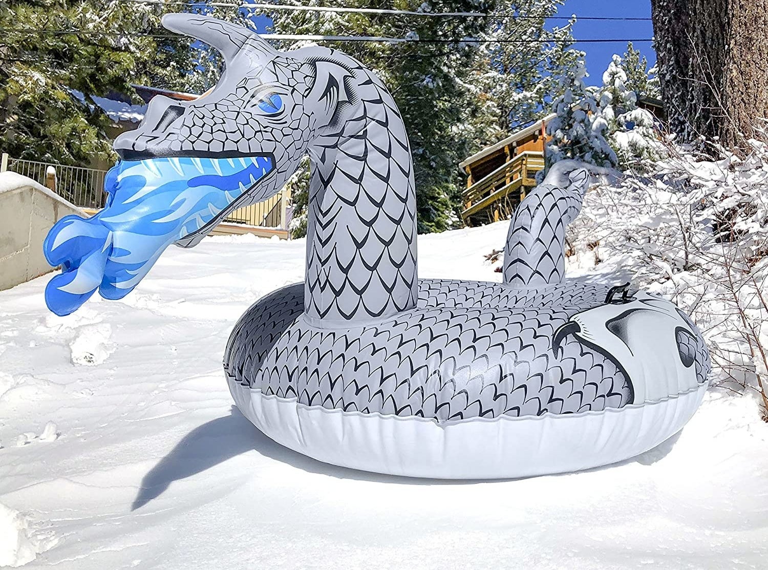 Inflatable blue fire breathing dragon snow toy