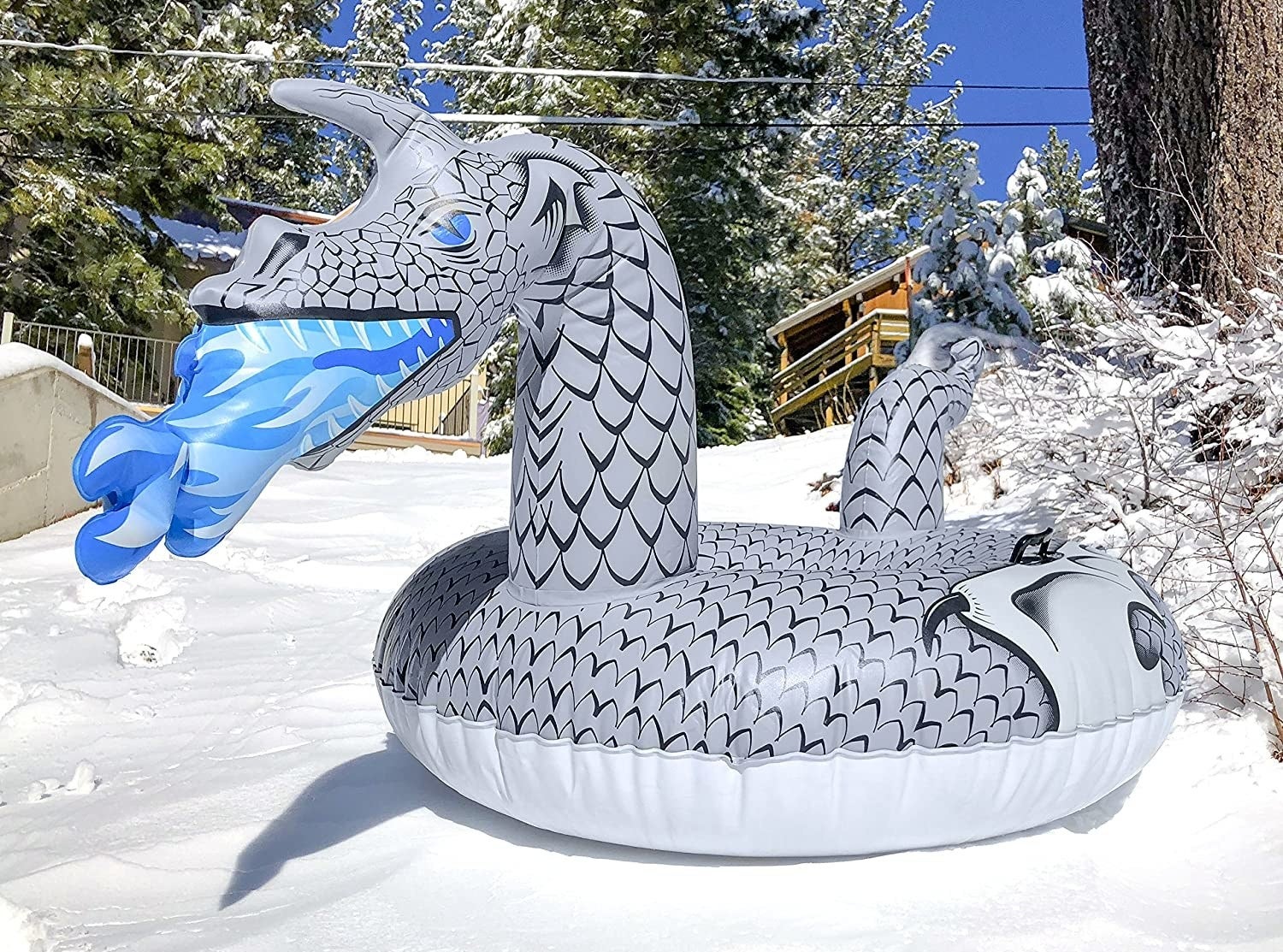 Inflatable blue fire breathing dragon snow toy