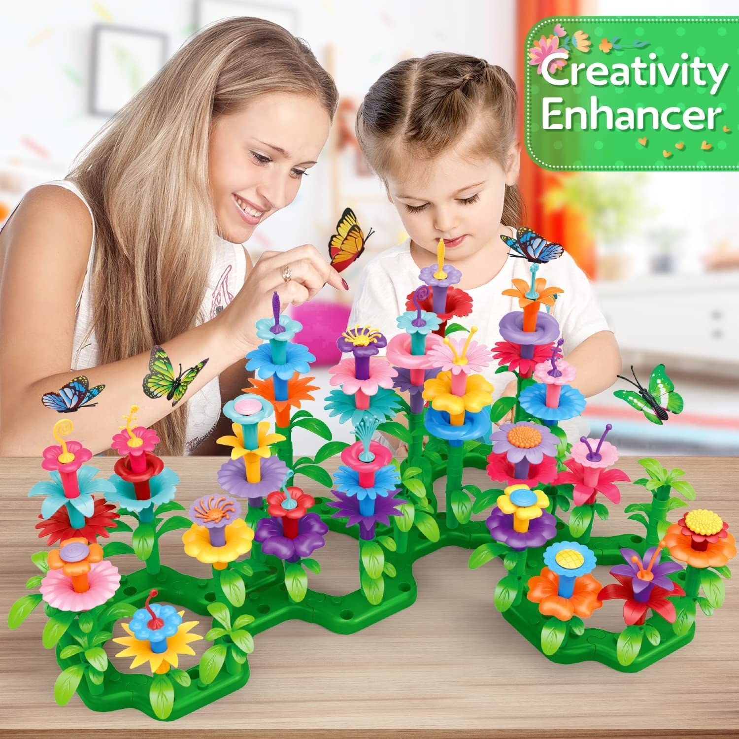 Adult and child model playing with colorful plastic flower toys