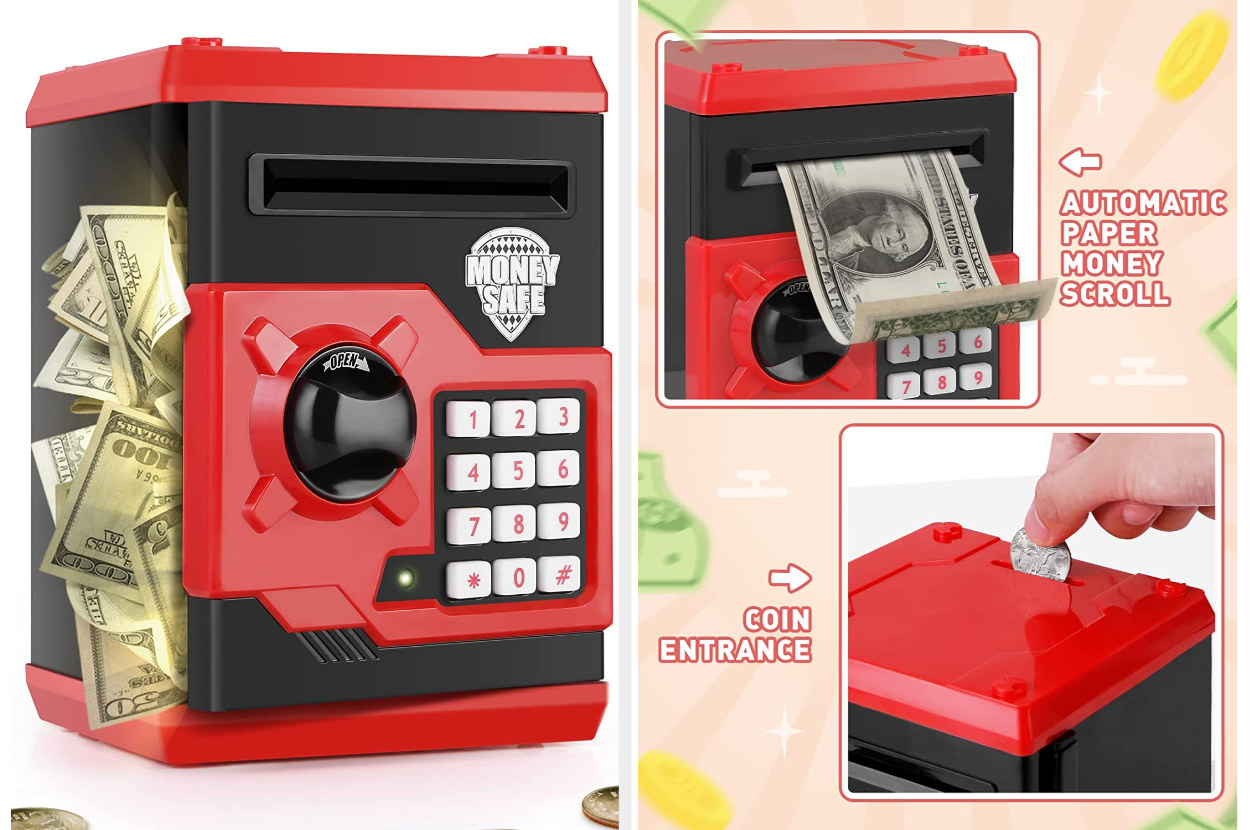 Split image of red toy safe with money sticking out next to explanation of how cash and coins are deposited
