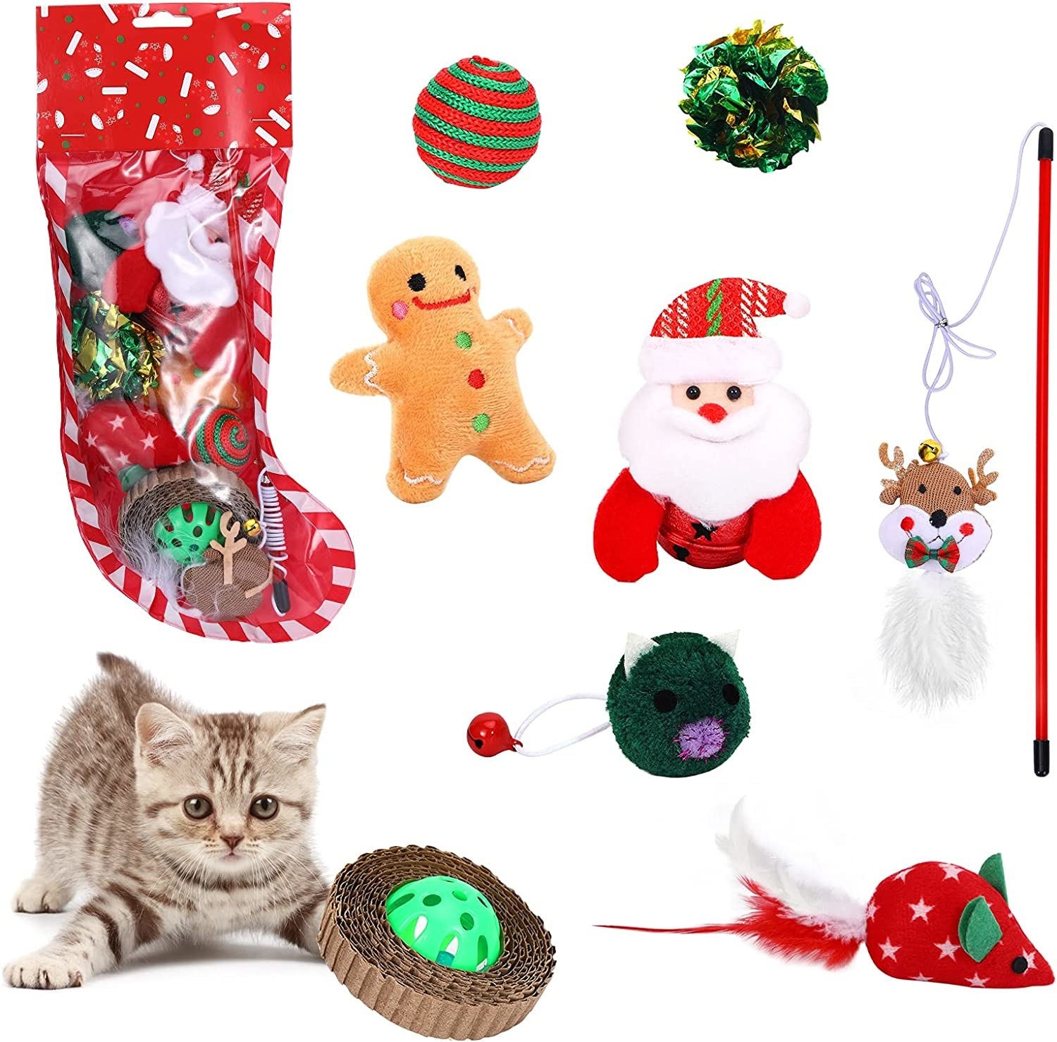 An assortment of cat toys on a blank background