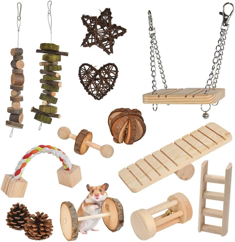 A set of wooden accessories for animal cages