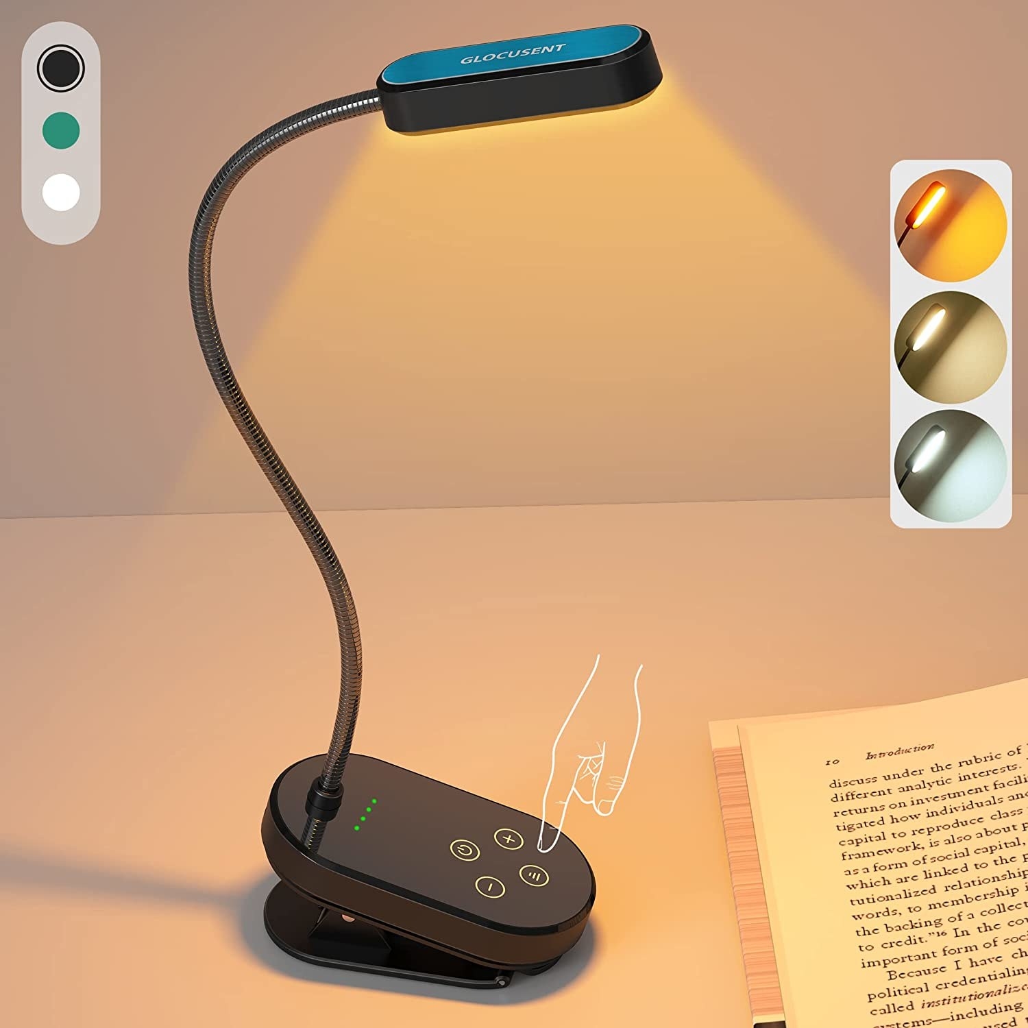 A flexible mini-lamp shines over an open book