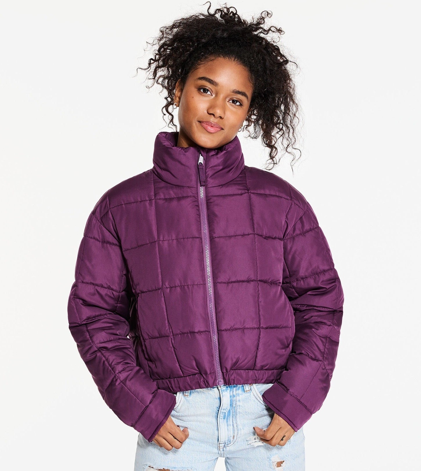 purple puffer coat