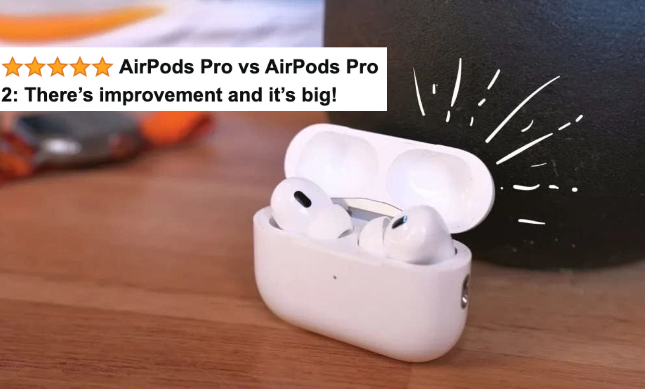 A reviewer's airpods with five-star review text 