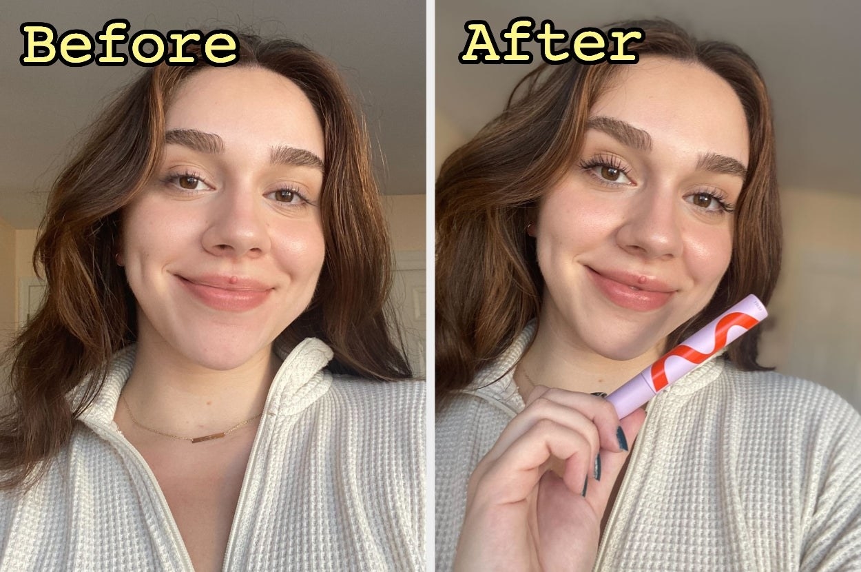 before and after of a BuzzFeed writer without mascara, then with mascara on their lashes and holding the purple tube to their face
