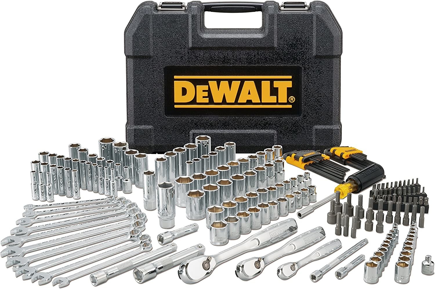 Black DeWalt tool box with complete set of chrome and black tools