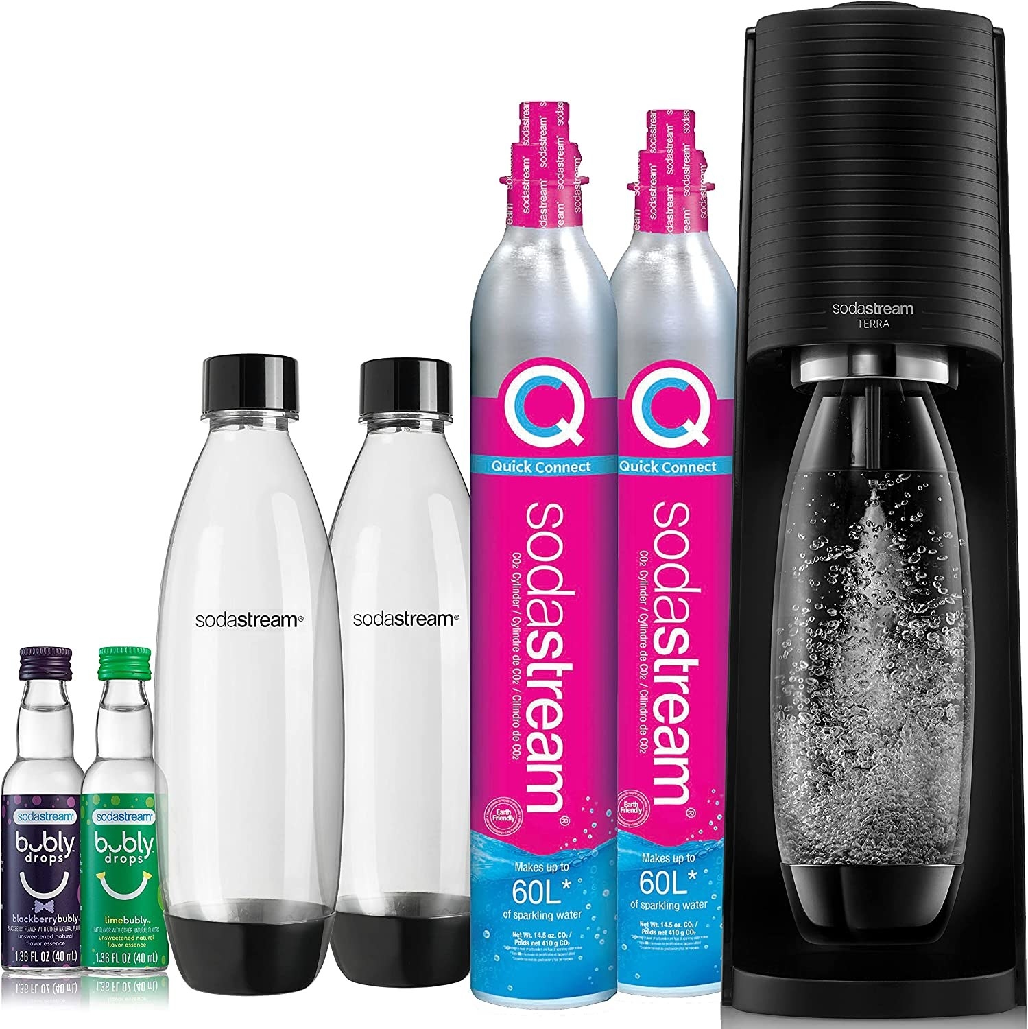 Black SodaStream machine with CO2 cylinders, bottles, and flavor additives