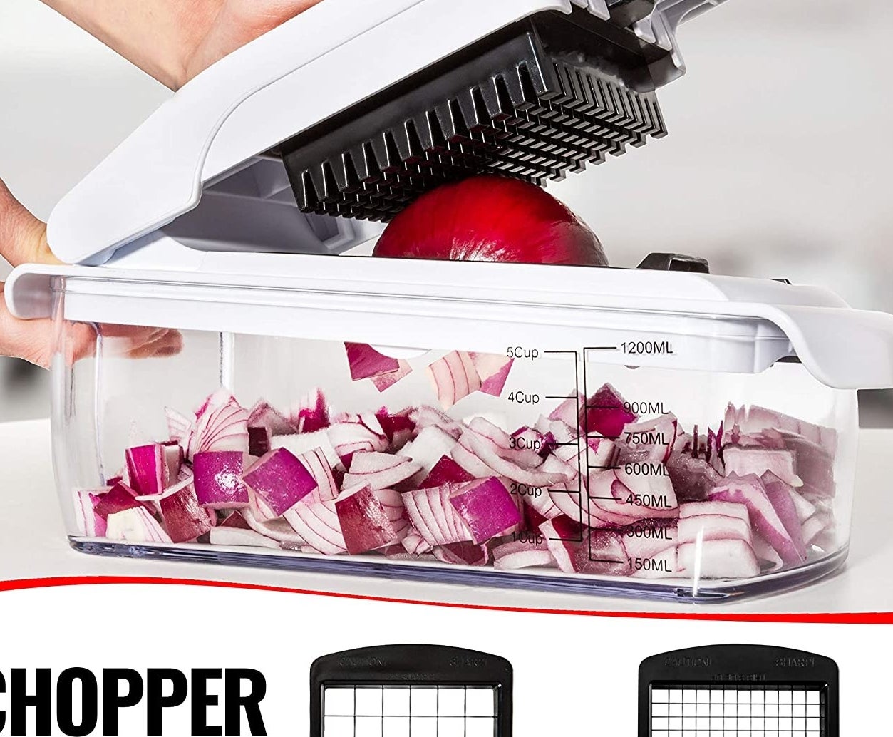 A person chopping onions with the gadget