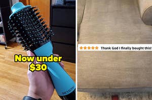 Revlon dryer under $30 / couch with text "thank god I finally bought this"