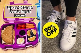 Two images of a bento box and sneakers