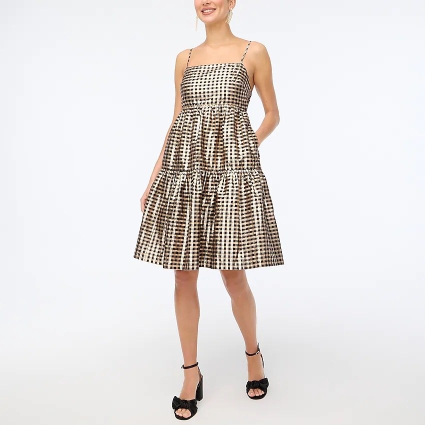 gold and black gingham metallic tiered spaghetti strap knee length dress