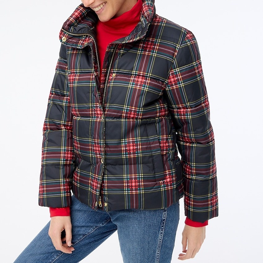 black and red tartan hip length puffer coat