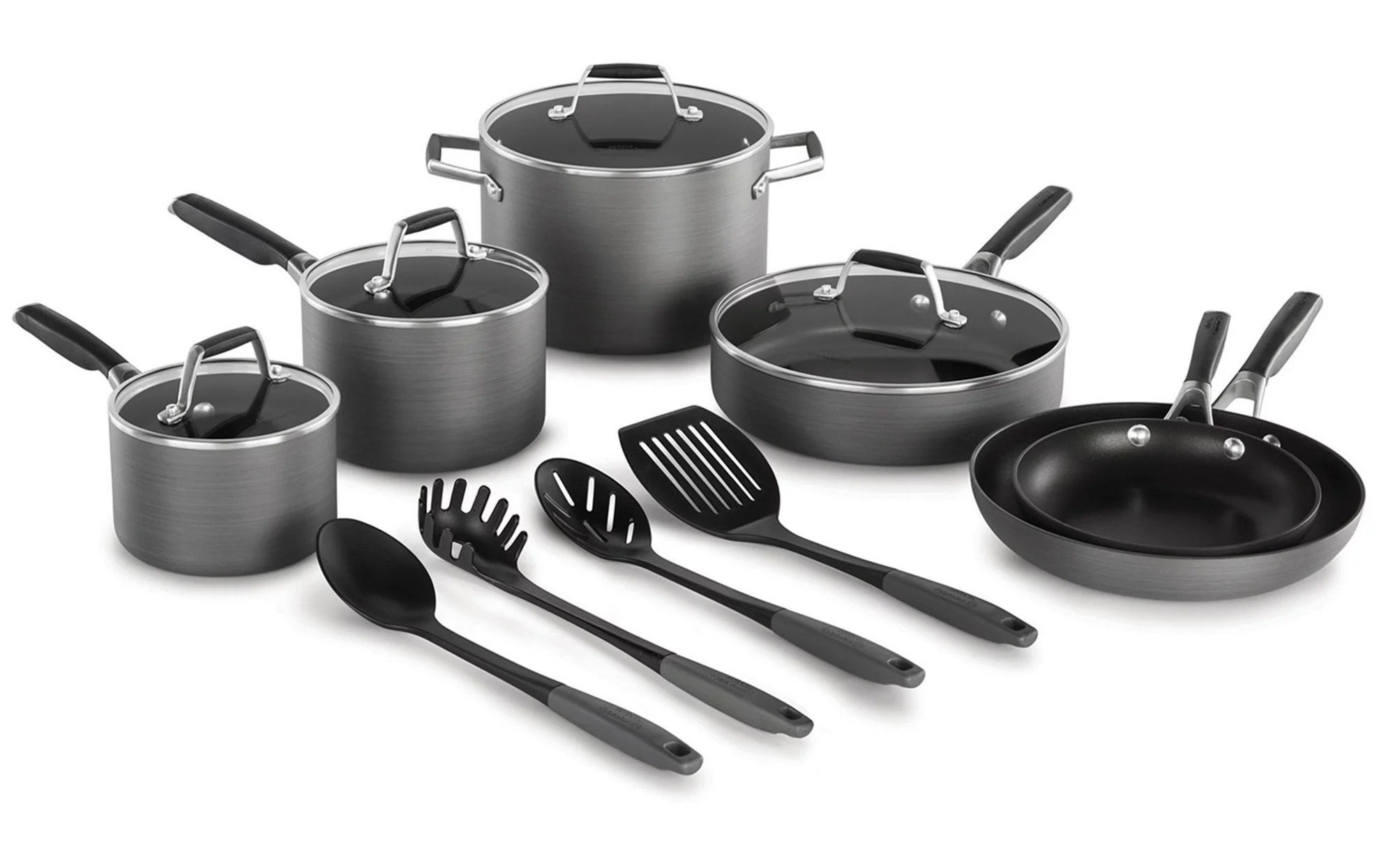the brushed grey nonstick set with utensils and glass lids