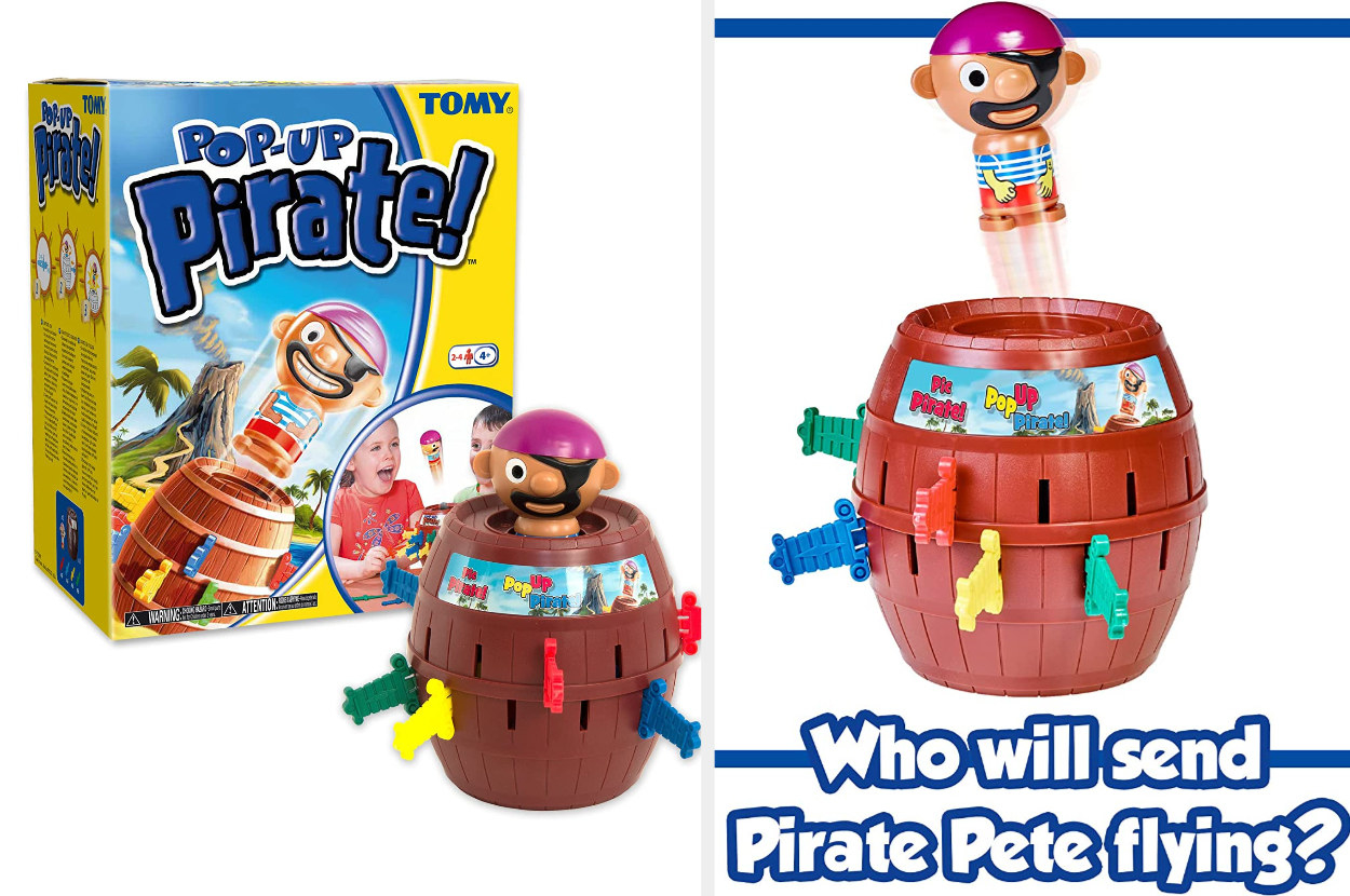 Split image of pirate game packaging and toy and Pirate Pete flying out of its barrel