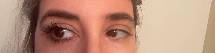 Reviewer with one eye done with mascara