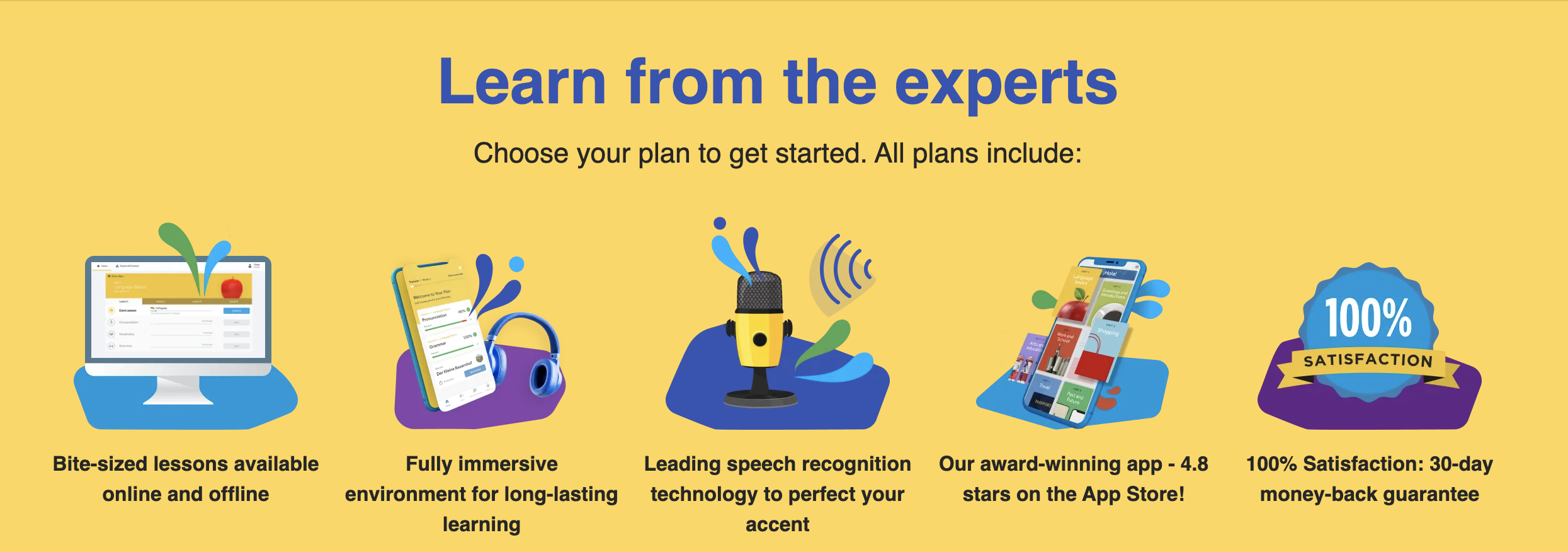 Learn from the experts; plans include bite-size lessons, immersive environments, speech recognition, an award-winning app and 30-day money back guarantee
