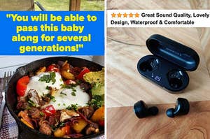 L: a reviewer photo of a cast iron skillet and a quote reading "You will be able to pass this baby along for several generations!", R: a reviewer photo of wireless earbuds and a five-star review titled "Great sound quality, waterproof & comfortable"