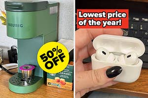 L: a keurig mini and a badge reading "50% off", R: a reviewer holding a pair of AirPods in a charging case and text reading "Lowest price of the year!"