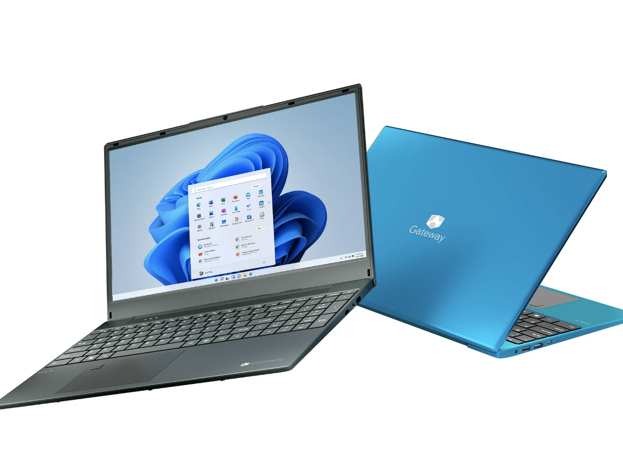 The laptop with a light blue cover
