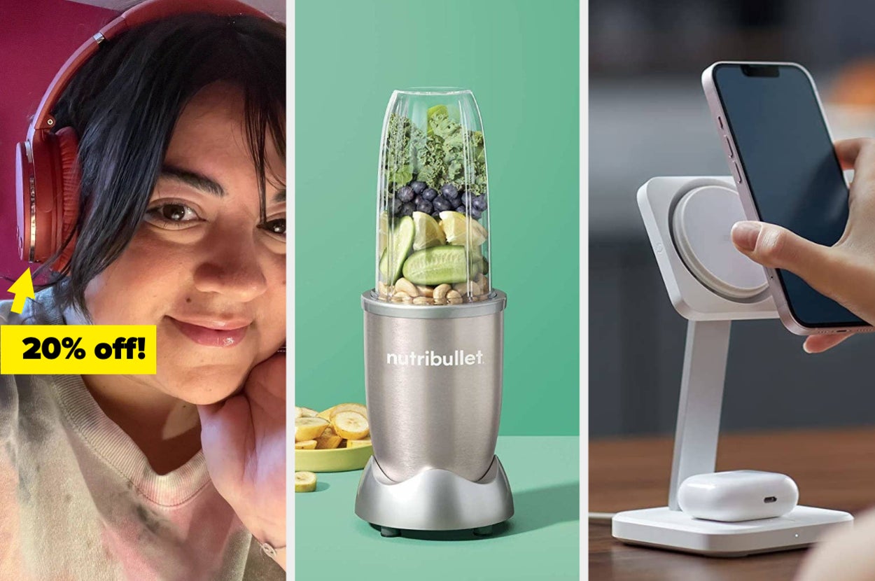 headphones, nutribullet, and a charging phone stand