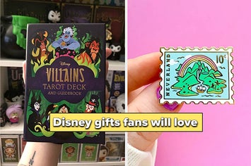 to the left: disney villain's tarot card, to the right: a neverland stamp pin