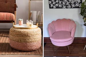 评论家家中的粉红色和棕色pouf和粉红色的椅子