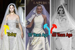  A model walks the runway during a Zuhair Murad 2022 show, A model walks the runway at a Lapidus 1993 fashion show, A fashion model wears a wedding dress created by Pierre Cardin in 1964