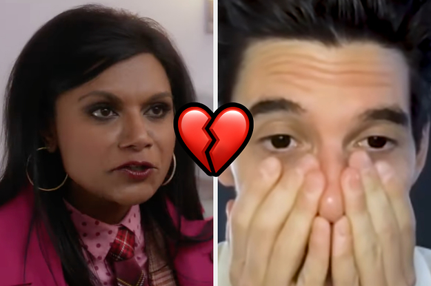 upset mindy kaling, a broken heart emoji, and a man with his hands on his face