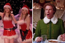 On the left, Cady and Karen from Mean Girls performing Jingle Bell Rock, and on the right, Buddy from Elf burping at the dinner table