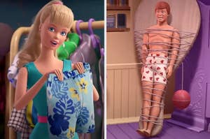 barbie ripping up ken's clothes while he is tied up in stills from toy story 2