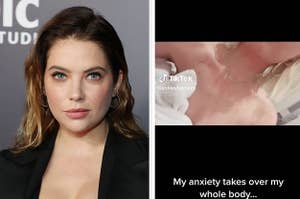 Ashley Benson wears a black blazer with silver hoop earrings. She also appears in a white towel with a gold necklace on.